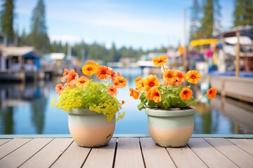 flower pots on a cottage dock with clear lake waters