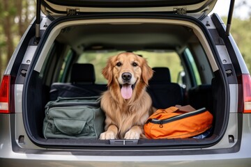 Dog sitting in car trunk waiting for owner to return with ears perked up listening for sign