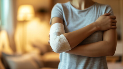 an individual with a bandaged arm seemingly in discomfort or in the process of self-examination