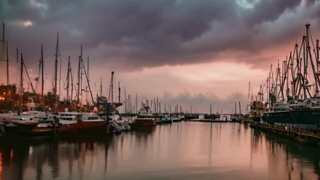 ships and boats in the harbor, port at the sunset, reflections iof ship n the water