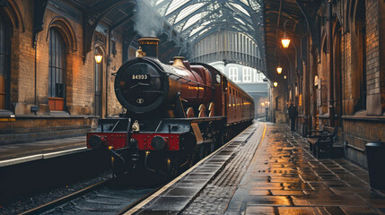 Beautiful old vintage steam railway engine and classic railway station. © wildarun