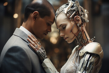 Generative ai futuristic collage of robot person couple marrying together - obrazy, fototapety, plakaty
