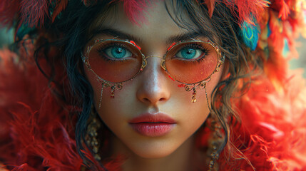 Magic woman with red glases - obrazy, fototapety, plakaty
