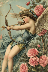 Imitation of old retro vintage cards, typographic printing. Valentine's Day Cupid with bow and arrow shoots. Nostalgic trend