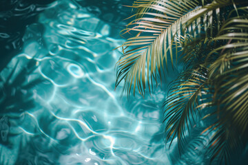 Fototapeta na wymiar Palm tree hanging over pool water. Background image. Created with Generative AI technology
