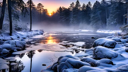 Foto auf Alu-Dibond Snowy Winter Forest Landscape, Frozen River and Trees, Cold and Icy Nature, Scenic Outdoor Environment, Sunrise and Sunset in Lapland, Finlands Levi Park, Arctic Beauty © Rabbi