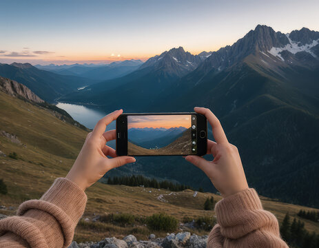 woman taking a picture of the mountain