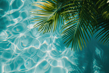 Fototapeta na wymiar Palm tree hanging over pool water. Background image. Created with Generative AI technology