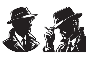 Mafia silhouette vector, Detective silhouette vector isolated on white background