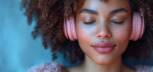 Beautiful, relaxed, black young girl with curly hair and with pink headphones is listening the music. Blue background. Enjoy of music concept. Selective focus - obrazy, fototapety, plakaty