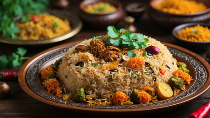 traditional plate and the wooden table as they showcase a plate of vegetable biryani the balance of colors and textures, as well as the contrast between the warm tones of the wooden table