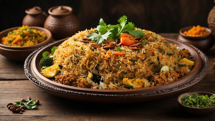 traditional plate and the wooden table as they showcase a plate of vegetable biryani the balance of colors and textures, as well as the contrast between the warm tones of the wooden table