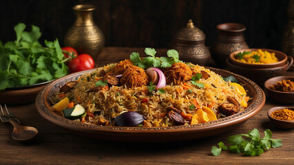 traditional plate and the wooden table as they showcase a plate of vegetable biryani the balance of colors and textures, as well as the contrast between the warm tones of the wooden table