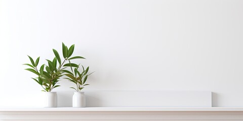 Product display on a white wall background with tree leaves