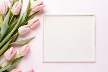 An enchanting photo composition featuring  tulips gracefully arranged beside an empty frame, inviting viewers to envision their own moments of beauty and creativity.