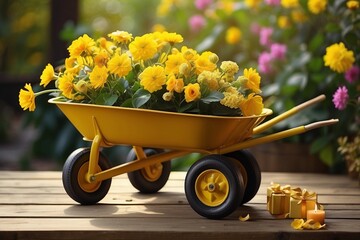 Decorative yellow garden wheelbarrow with fresh spring flowers and gifts.
