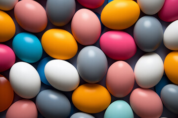 A vibrant flat lay composition showcasing  beautifully colored Easter eggs.
