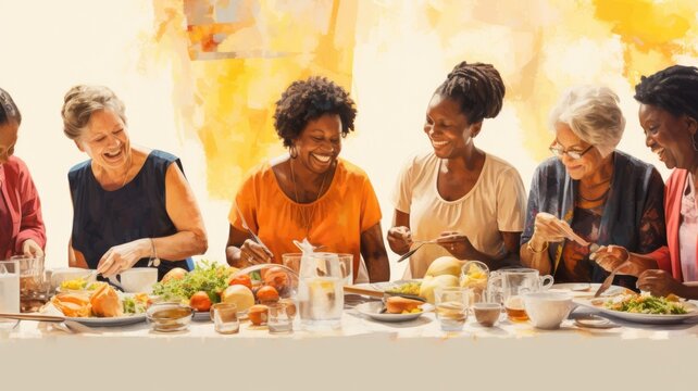Diverse group of women laughing and enjoying a meal together at a brightly lit table.