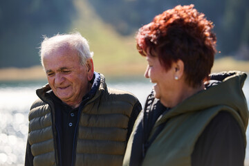 Elderly couple strolling through the breathtaking beauty of nature, maintaining their vitality and...