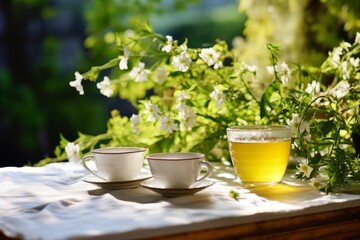 An inviting cup of antioxidant-rich white tea basking in the serene ambiance of a garden bathed in soft morning sun rays
