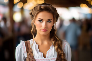 AI generated portrait of a woman wearing traditional bavarian costume during octoberfest - obrazy, fototapety, plakaty