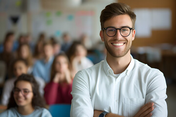 Fototapeta premium Portrait of male teacher smiling in classroom, students learning in background