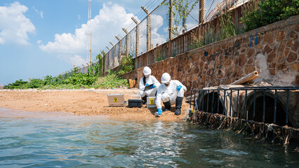 Scientists biologists and researchers in protective suits taking water samples from waste water from industrial. Experts analyze the water in a contaminated environment. 