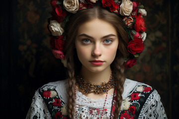 Fototapeta premium AI generated portrait of a european slavic woman dressed in traditional clothing