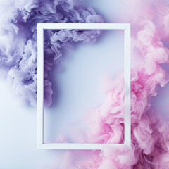 Abstract cloud of silky ink splash, like smoke. White frame, copy space. Pastel purple and pink colors. Generative AI
