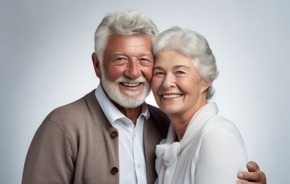 Tender moments of elder couple. happy old couple and white background. husband and wife in love.