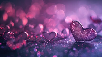 Valentine's day moment Ethereal hearts rise amidst a dreamy backdrop of sparkling bokeh, evoking feelings of love and romance in an enchanting purple hue setting. Ai generative
