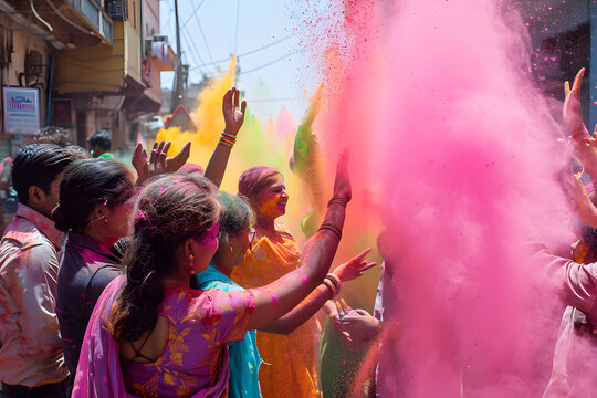 Holi festival celebration - crowd of indian people thowing colored powders