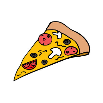 Vector illustration. Pizza slice with melted cheese and pepperoni. Cartoon sticker in comic style with contour. Decoration for greeting cards, posters, patches, prints for clothes, emblems