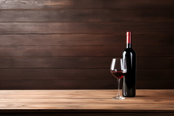 Wooden surface in the foreground with a bottle of red wine. Template for product advertising. Stage background for natural product display. Copyspace
