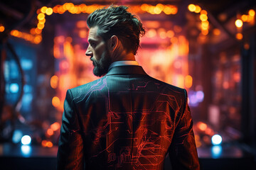 Back view portrait of a handsome elegant man neon illuminated city virtual reality and cyberpunk generative AI concept
