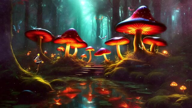 mushroom forest in a cool nature with a flowing river free video
