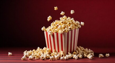 Delicious popcorn spilled from a red striped cardboard box on a dark red background with copy space