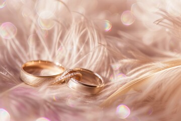 Valentine's day, A pair of golden wedding rings delicately poised, symbolizing eternal love, with a soft, luminous backdrop of tender bokeh lights. AI generate