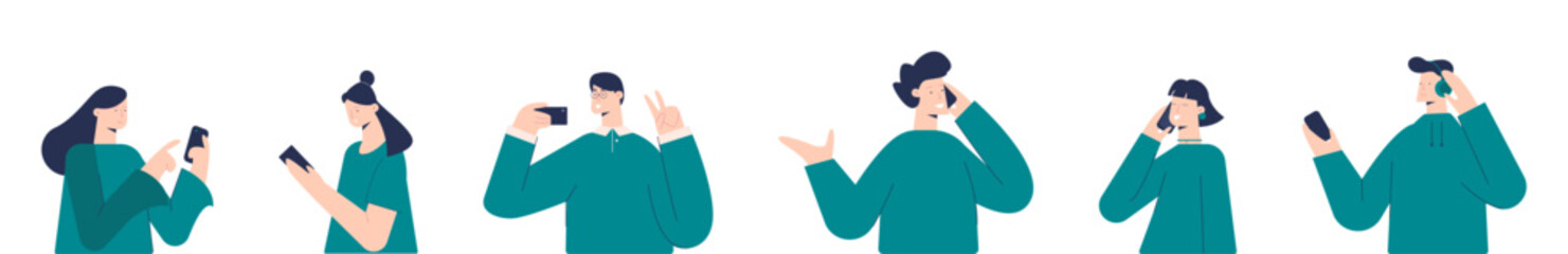 People communicate by smartphone set. Young flat men and women listening to digital music and reading messages from modern mobile vector gadgets