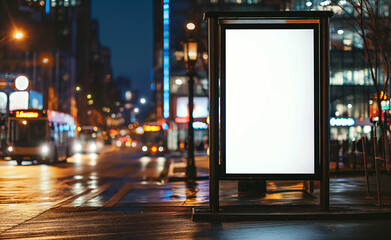 City Night Lights: Blank Vertical Digital Billboard Poster Mockup at Bus Stop, Urban Showcase for Advertisement and Marketing