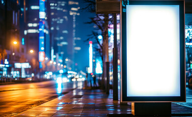 City Night Lights: Blank Vertical Digital Billboard Poster Mockup at Bus Stop, Urban Showcase for Advertisement and Marketing