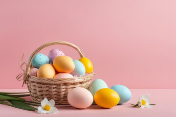Fototapeta na wymiar Basket with colorful Easter eggs and blooming flowers on the table on pink background.