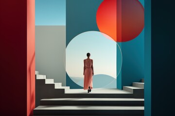 Businesswoman standing on stairs and looking at the sun. Success concept. Modernism, bright colors