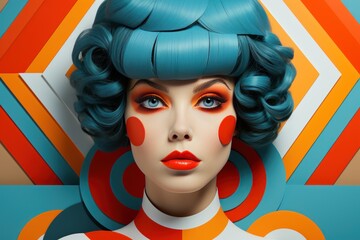 Fashion portrait of beautiful girl with blue hair and red lips. Retro style. A masterpiece of modernism, bright colors