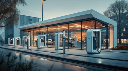 Charging stations for electric vehicles for IT specialists, side view, streamlined glass facades, minimalist, innovative elements on each building. Generative AI.