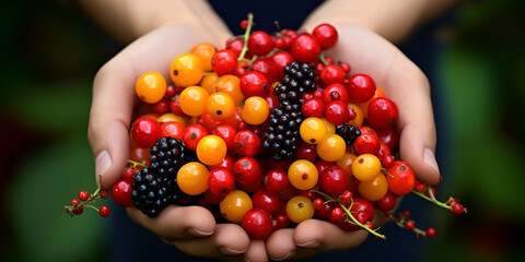 Various fresh summer berries, blueberries, red currant, strawberries, blackberries, Fresh berries three types currants, Red and white or yellow and black currant,  Generative AI