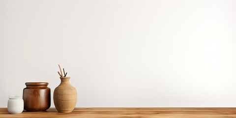 Product display on white background with empty wooden table.