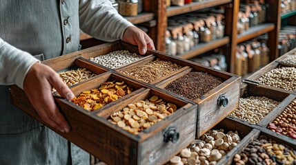 Close-up of a man in apron holding wooden box full of different types of medicinal herb, chinese herbal medicine.