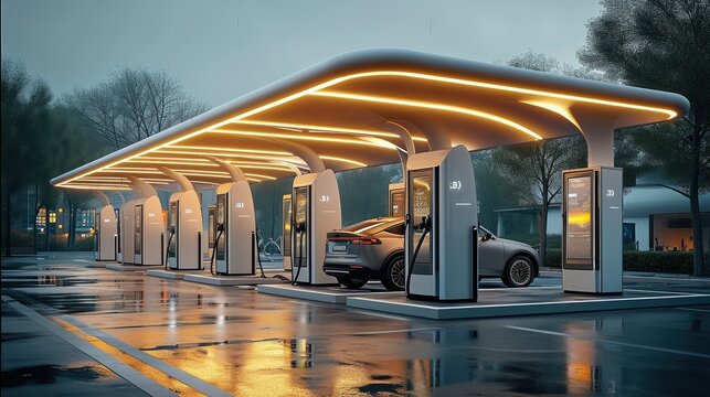 EV charging station with multiple charging canopies. Clean and contemporary. Generative AI.
