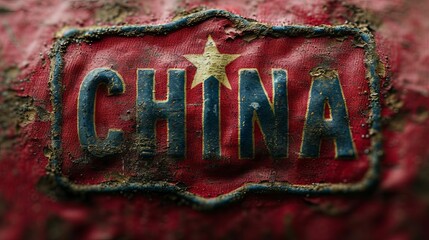 China text on grunge rusty surface, vintage sign background.